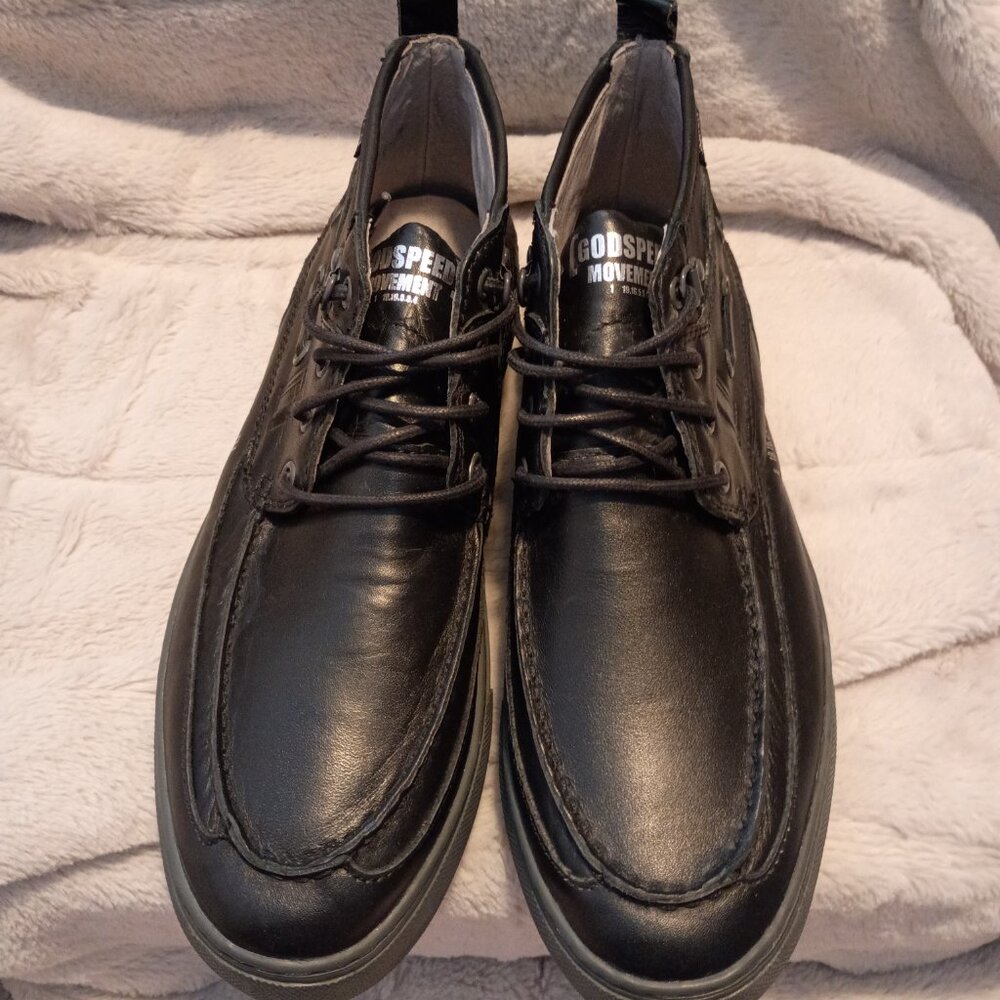 NWOBT/GODSPEED R1 Peerless Smooth Black Leather Mid-Top Sneaker Boots, Men's 9.5